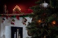 View of nice white christmas decorated fireplace Royalty Free Stock Photo