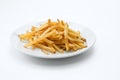 View of nice yummy french fries on white back