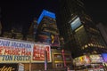 View of night Broadway with skyscrapers in Manhattan with advertising television screens on background of sky. New York. Royalty Free Stock Photo