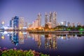 View of Night Cityscape at Benchakitti Park, Modern Building of Bangkok, Thailand, Reflection photos, Beautiful Night Background