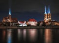 The view on the night a cityscape cathedral, river Odra. Wroclaw, Poland, dusk