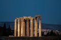 View by night of illuminated Temple of Olympian Zeus in the blue hour in the City of Athens - Greece Royalty Free Stock Photo