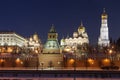 View of the night Kremlin with cathedrals and the bell tower of Ivan the Great in winter. Moscow Royalty Free Stock Photo