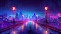 View of the night rainy city skyline from a bridge, road with glow street lamps, railings and a metropolis cityscape Royalty Free Stock Photo