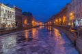 A view of night Saint Petersburg and Moyka river, Russia. Royalty Free Stock Photo