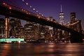 View of night scene of the Brooklyn bridge and Manhattan Skyline at Night Royalty Free Stock Photo