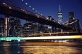 View of night scene of the Brooklyn bridge and Manhattan Skyline at Night Royalty Free Stock Photo