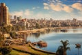 View of the Nile river and the city of Cairo, Egypt, Panorama on Cairo, seafront of Nile River, AI Generated Royalty Free Stock Photo