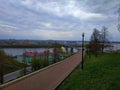 View of Nizhny Novgorod, river, arrow, stadium, Church, houses, factories, lantern in the city