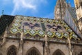 View of the north facade of Stephansdom Cathedral on a sunny summer day with the Habsburg and Austrian coat of arms on the roof. Royalty Free Stock Photo