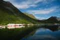 View of norwegian fisherman village Husoy, Senja island, Norway