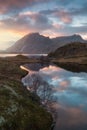 View of a norwegian fjord in summer on Senja island in northern Norway, beautiful landscape Tromso country Colorful sunset Royalty Free Stock Photo