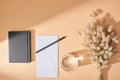 View of notebook, envelope, pen, glass Royalty Free Stock Photo