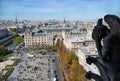 View from Notre Dame de Paris. Stone demon gargoyle with Paris city on background