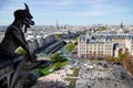 View from Notre Dame de Paris. Stone demon gargoyle with Paris city on background