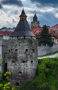 View from Novoplanivskiy Bridge to to medieval towers of Kamianets-Podilskyi old town fortress, one of the most popular towns for Royalty Free Stock Photo