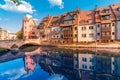 View of Nuremberg old town at sunset on the banks of the Pegnitz river. Tourist attraction