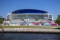 View of the O2 world arena and The Berlin Wall.