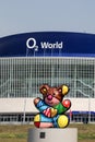 View of O2 World arena and a sculpture of a bear, symbol of Berlin made by Romero Britto, Berlin, Germany