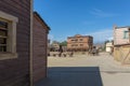 View at the Oasys - Mini Hollywood, a Spanish Western-styled theme park, Western cowboys scenario, old wooden cart, town with Royalty Free Stock Photo