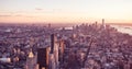 View from observation deck on Empire State Building at sunset - Lower Manhatten Downtown, New York City, USA Royalty Free Stock Photo