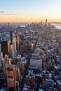 View from observation deck on Empire State Building at sunset - Lower Manhatten Downtown, New York City, USA Royalty Free Stock Photo