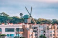 View of the ocean beach promenade in San Francisco, with the Murphy Windmill in the background, Golden Gate Park, California, USA