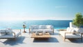 View of the ocean with wooden patio furniture and white couches