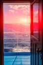 View on the ocean and yachts from open door of captain cabin