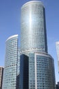 View of the office buildings of the Moscow City business center, skyscrapers, luxury apartments through green trees Royalty Free Stock Photo