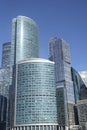 View of the office buildings of the Moscow City business center, skyscrapers, luxury apartments through green trees Royalty Free Stock Photo