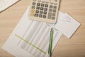 View of the office desk, calculations and notes, top view Royalty Free Stock Photo