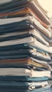 view of office documents Close up clipped together, stacked neatly