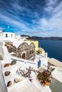 White architecture on Santorini island, Greece. Beautiful summer landscape, sea view. Oia village Royalty Free Stock Photo