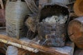 View of an old basket with wool for yarn threads Royalty Free Stock Photo