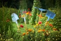 View on old blue garden tools - shovel, rake, fork among blossom flowers and green trees. Summer garden installation design. Funny