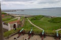 View of old bronze cannons from a window in Kronborg castle in Helsingor, Denmark Royalty Free Stock Photo