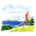 View of old building over sea, beautiful seascape, watercolor illustration