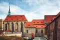 View of old buildings of monastery of Saint Agnes from Na Fratisku place on Dvorakovo embankment in Old Town of Prague, Czech Rep