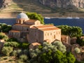 view of the old church of the holy cross in the village of oia, santorini island, greece