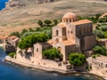 view of the old church of the holy cross in the village of oia, santorini island, greece