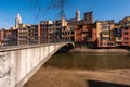 View of the old city of Girona from the bridge over the Onyar River. Catalonia. Spain