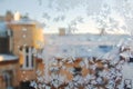 View of the old city house fView of the old city house from a frozen winter window. Texture icerom a frozen winter window. Royalty Free Stock Photo