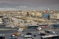 View of the old city of Istanbul vial a high-altitude hotel window, see the street with heavy traffic, the subway entrance, and th