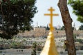 View of the Old City of Jerusalem. In the foreground is the Russian Orthodox cross. Royalty Free Stock Photo