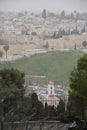 View of the old city of Jerusalem, Israel. Greek church, trees, stone wall