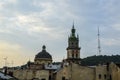 View of old city, Korniakta Tower and Church of the Blessed Eucharist from the roof at sunset, Lviv Ukraine