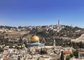 View of the old city, the mosque of the Rock Omar, the temple mount, the mount of olives. Jerusalem Royalty Free Stock Photo