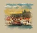 View of the old city with the waterfront is a famous historic bridge that crosses the Vltava river in Prague, Czech Republic.