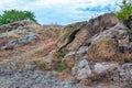 View of old cracked cliff, covered with moss and dry grass Royalty Free Stock Photo